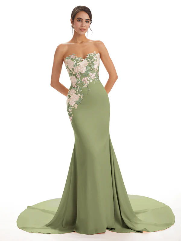 Cute Sweetheart Soft Satin Floral Lace Mermaid Long Bridesmaid Dresses In Stock