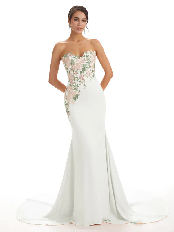 Cute Sweetheart Soft Satin Floral Lace Mermaid Long Bridesmaid Dresses In Stock