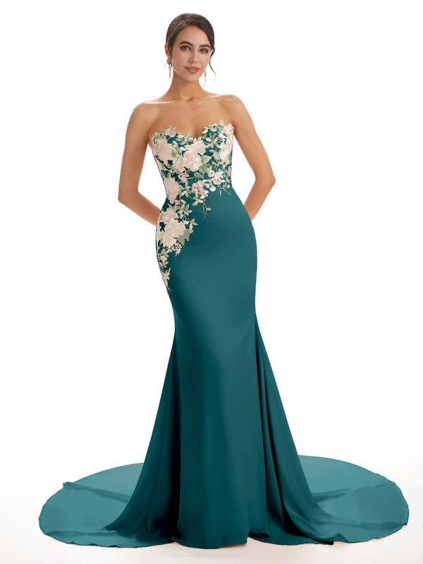 Cute Sweetheart Soft Satin Floral Lace Mermaid Long Bridesmaid Dresses In Stock
