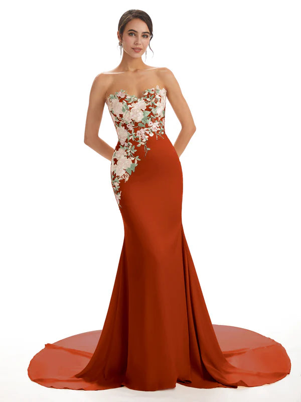 Cute Sweetheart Soft Satin Floral Lace Mermaid Long Bridesmaid Dresses In Stock