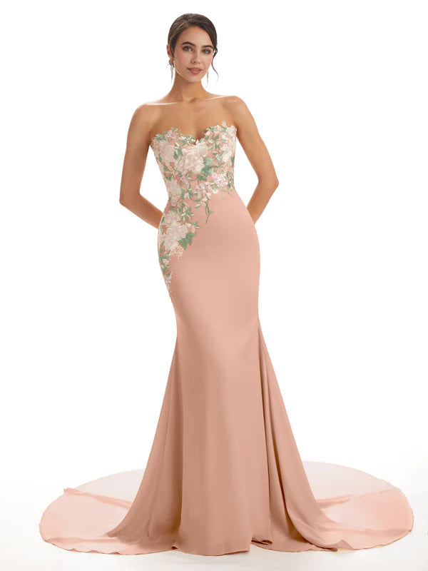 Cute Sweetheart Soft Satin Floral Lace Mermaid Long Bridesmaid Dresses In Stock