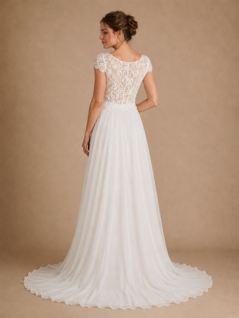 ChicSew Elegant Chiffon A-Line Lace Applique Cap Sleeves Maxi Wedding Dress