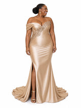 ChicSew Sexy One Shoulder Side Slit Mermaid Soft Satin Long Bridesmaid Dresses With Applique