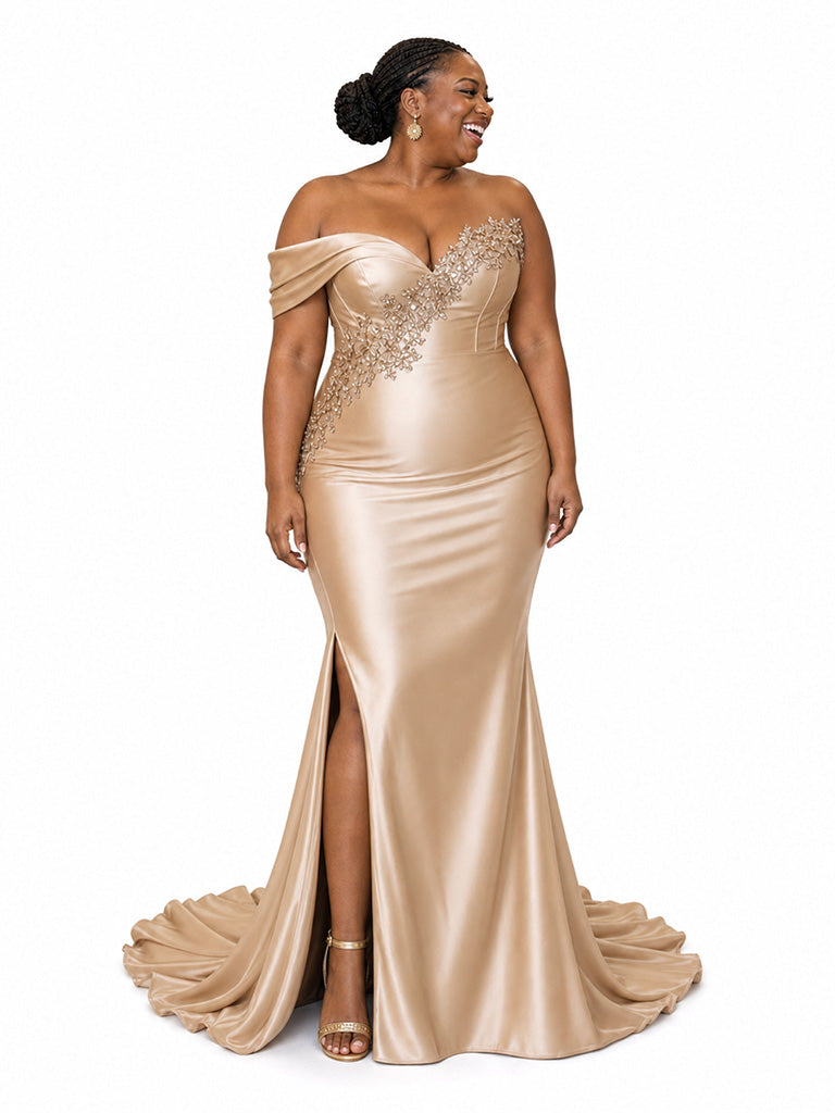ChicSew Sexy One Shoulder Side Slit Mermaid Soft Satin Long Bridesmaid Dresses With Applique — Flatter Your Figure