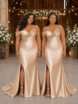 ChicSew Sexy One Shoulder Side Slit Mermaid Soft Satin Long Bridesmaid Dresses With Applique