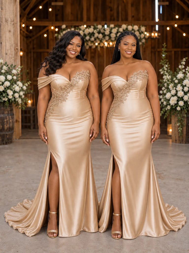 ChicSew Sexy One Shoulder Side Slit Mermaid Soft Satin Long Bridesmaid Dresses With Applique