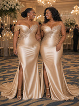 ChicSew Sexy One Shoulder Side Slit Mermaid Soft Satin Long Bridesmaid Dresses With Applique