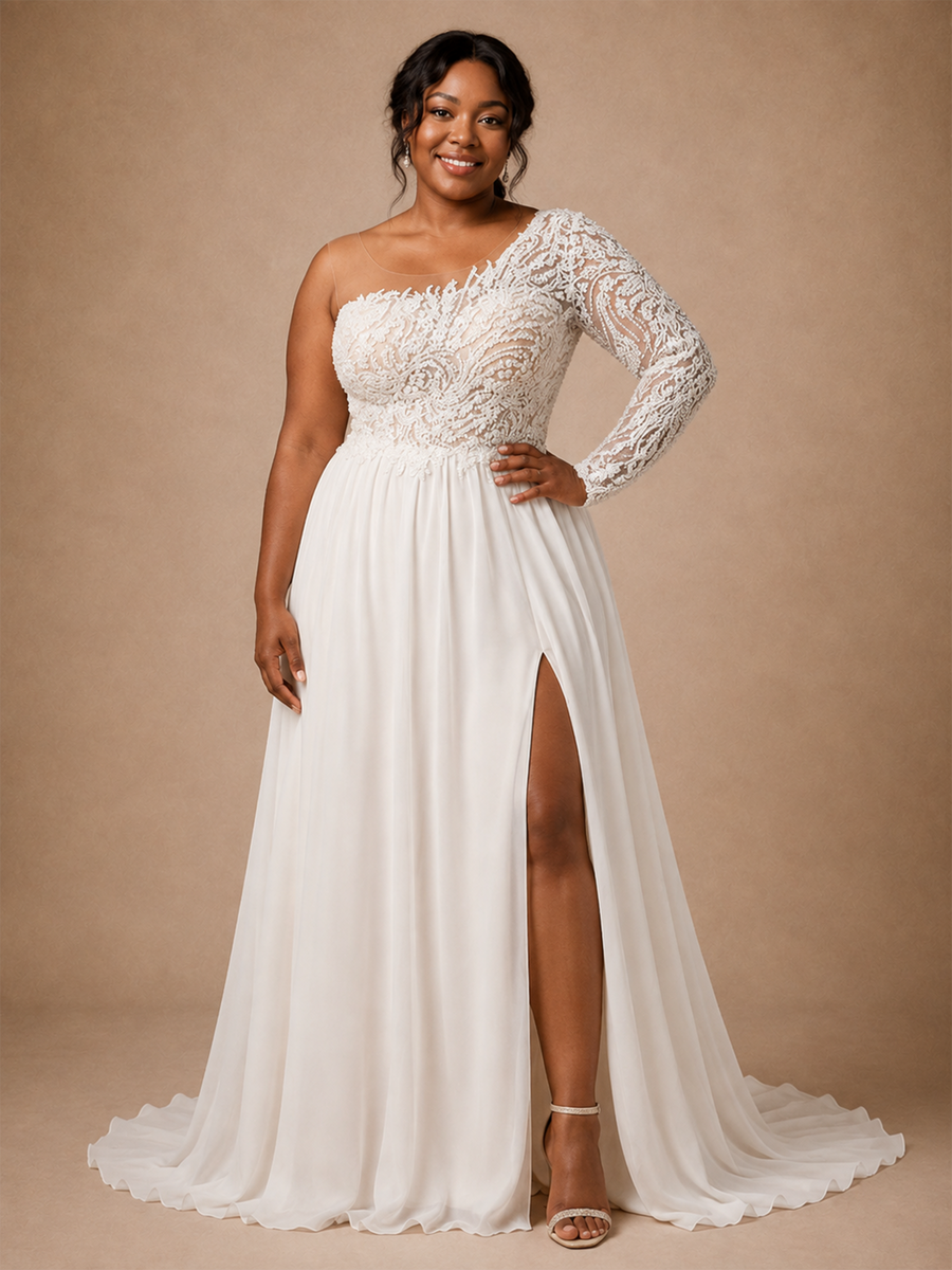 ChicSew Modern Asymmetric Long Sleeve Side Slit A-Line Lace Chiffon Wedding Dress
