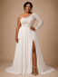 ChicSew Modern Asymmetric Long Sleeve Side Slit A-Line Lace Chiffon Wedding Dress