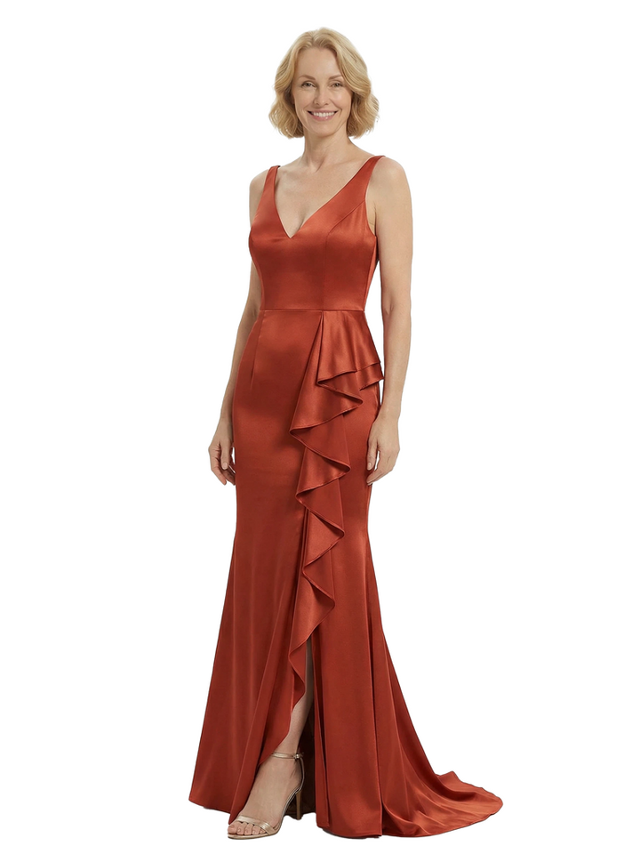 Chicsew Chic V-Neck Sleeveless Satin Mother of The Groom Dress With Ruffles Side Slit