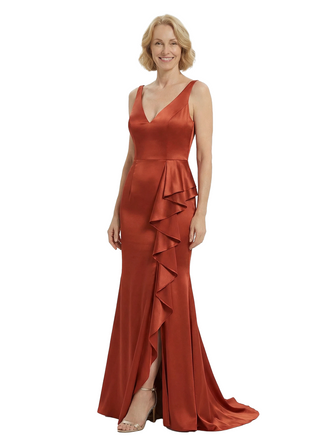 Chicsew Chic V-Neck Sleeveless Satin Mother of The Groom Dress With Ruffles Side Slit