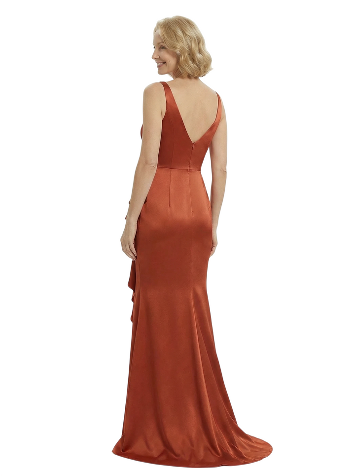 Chicsew Chic V-Neck Sleeveless Satin Mother of The Groom Dress With Ruffles Side Slit
