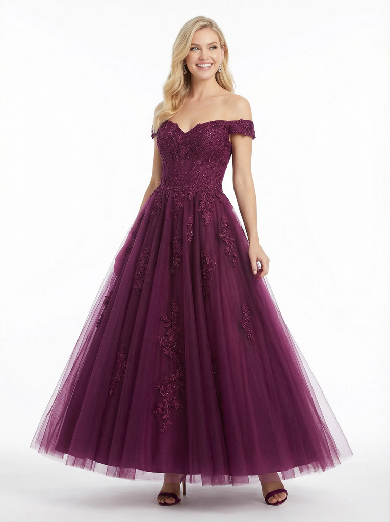 Off The Shoulder Lace Beaded A-line Tulle Ball Gown Prom Dress