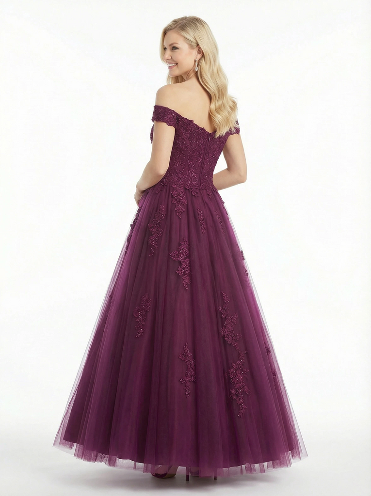 Off The Shoulder Lace Beaded A-line Tulle Ball Gown Prom Dress