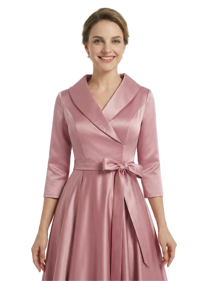Chicsew Modern High-Low 3/4 Sleeves Satin Mother Of The Bride Dress With Bow Knot