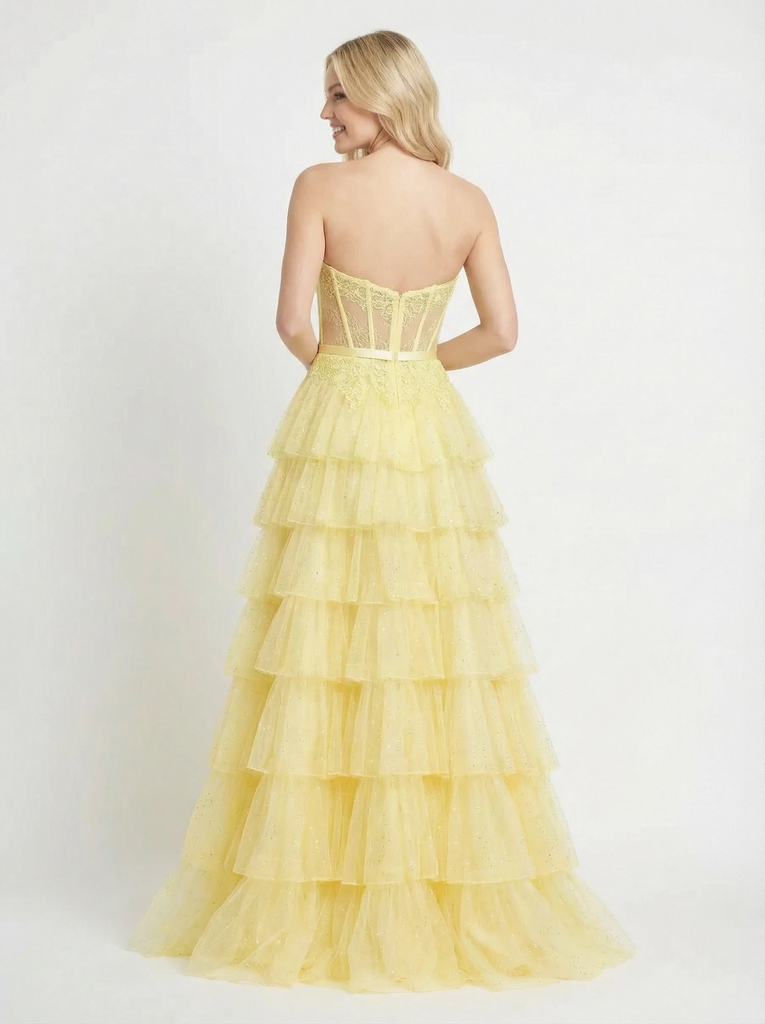 Strapless Sweetheart Corset Ruffle Tulle Ball Gown Prom Dresses