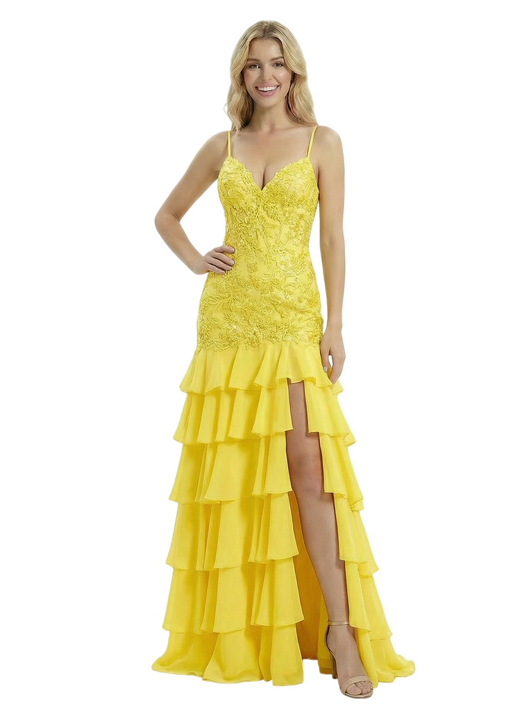 ChicSew Classy Lace Spaghetti Straps Ruffle Chiffon Mermaid Elegant Formal Prom Dress