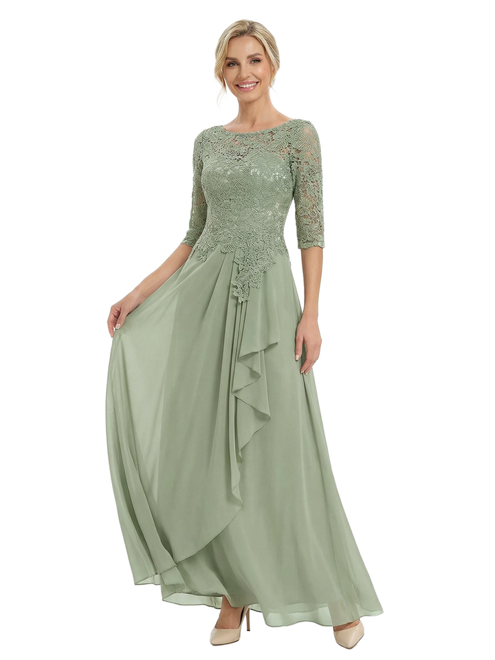 Chicsew Elegant Lace Appliques 3/4 Sleeves Ruffles A-Line Chiffon Mother Of The Groom Dress