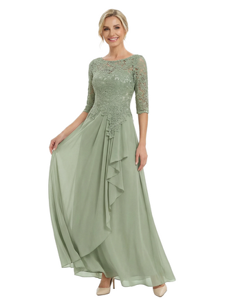 Chicsew Elegant Lace Appliques 3/4 Sleeves Ruffles A-Line Chiffon Mother Of The Groom Dress
