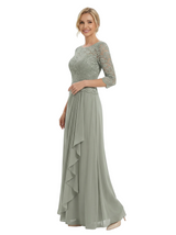 Chicsew Elegant Lace Appliques 3/4 Sleeves Ruffles A-Line Chiffon Mother Of The Groom Dress