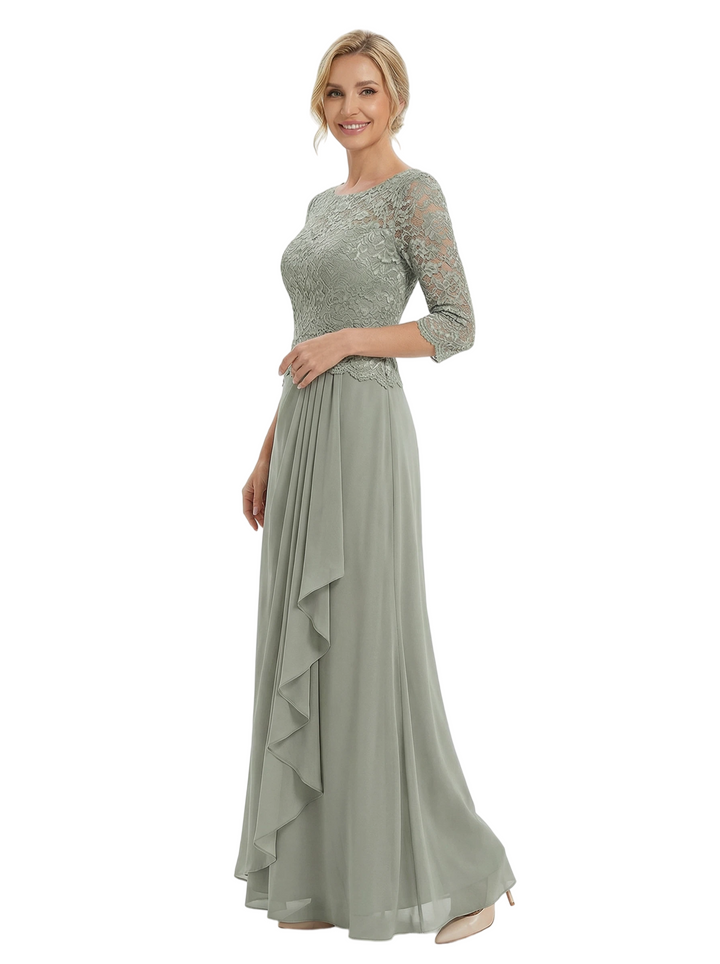 Chicsew Elegant Lace Appliques 3/4 Sleeves Ruffles A-Line Chiffon Mother Of The Groom Dress