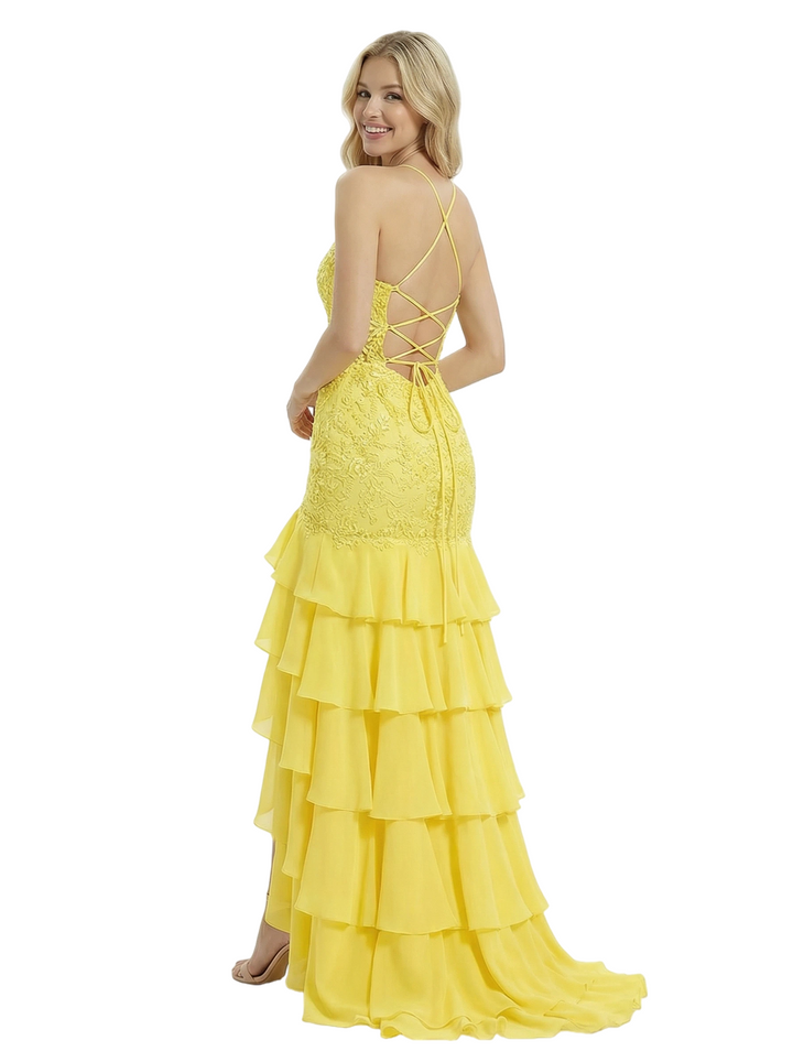 ChicSew Classy Lace Spaghetti Straps Ruffle Chiffon Mermaid Elegant Formal Prom Dress