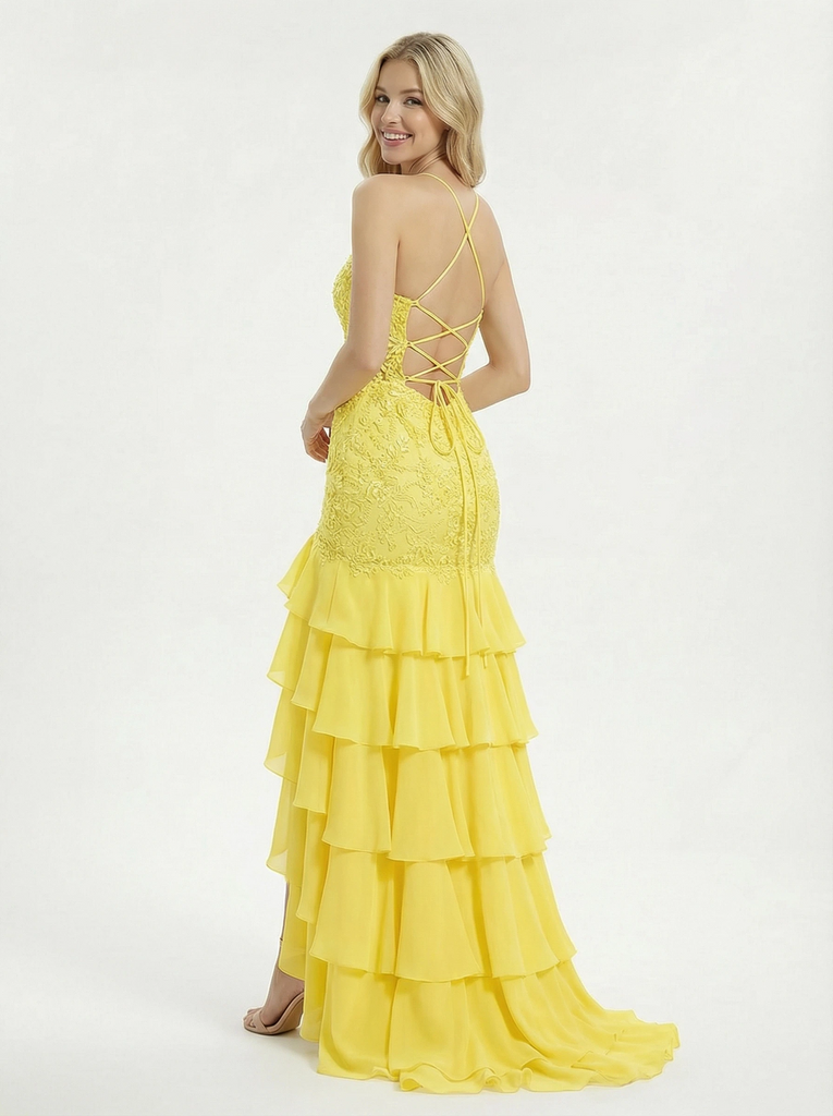 Classy Lace Spaghetti Straps Ruffle Chiffon Mermaid Elegant Formal Prom Dress