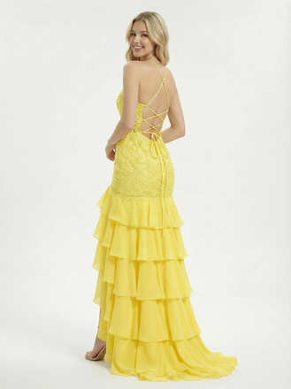 Classy Lace Spaghetti Straps Ruffle Chiffon Mermaid Elegant Formal Prom Dress