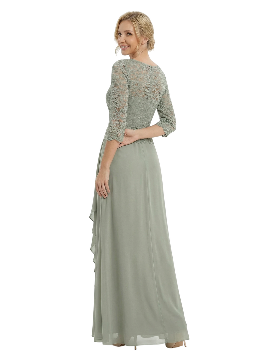 Chicsew Elegant Lace Appliques 3/4 Sleeves Ruffles A-Line Chiffon Mother Of The Groom Dress
