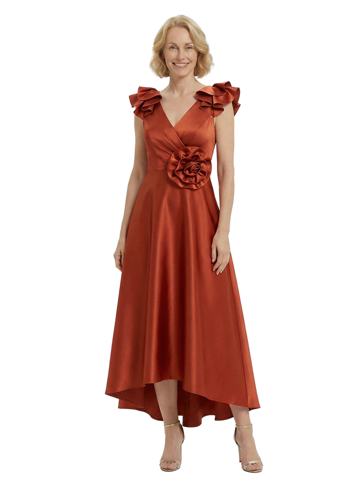 Chicsew Stunning V-Neck High-Low Ruffled Sleeves Satin Mother Of The Bride Dress