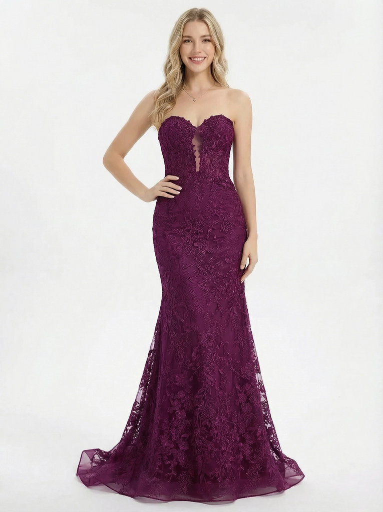Sexy Strapless Sweetheart Lace Mermaid Formal Evening Gown