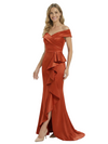 Chicsew Elegant Off Shoulder Sleeveless Satin Mother of The Groom Dress With Ruffles Side Slit