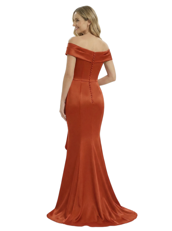 Chicsew Elegant Off Shoulder Sleeveless Satin Mother of The Groom Dress With Ruffles Side Slit