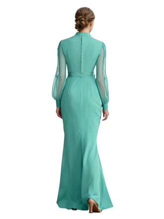 Chicsew V-Neck Long Sleeves Mother Of The Bride Gown Floor-Length Tulle Chiffon Party Dress
