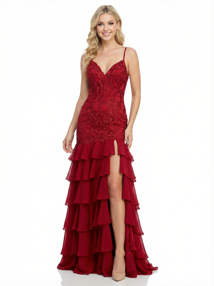 Beautiful Off The Shoulder Ruffle Lace Beaded Evening Dresses For Women