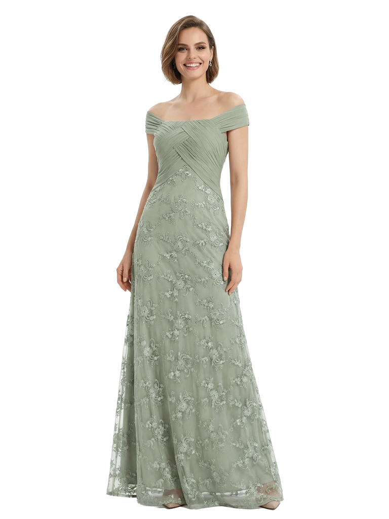 Chicsew Sophisticated Off The Shoulder Chiffon Lace Ruched Maxi Mother Of The Groom Gown