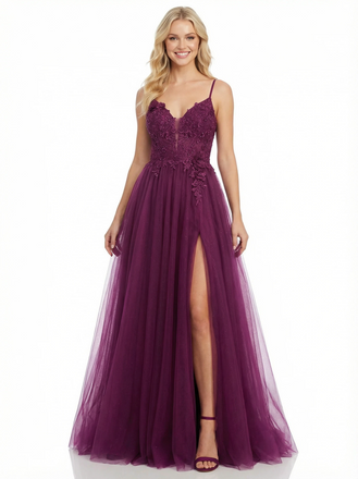 Spaghetti Strap Lace Beaded Tulle A-Line Formal Prom Dress