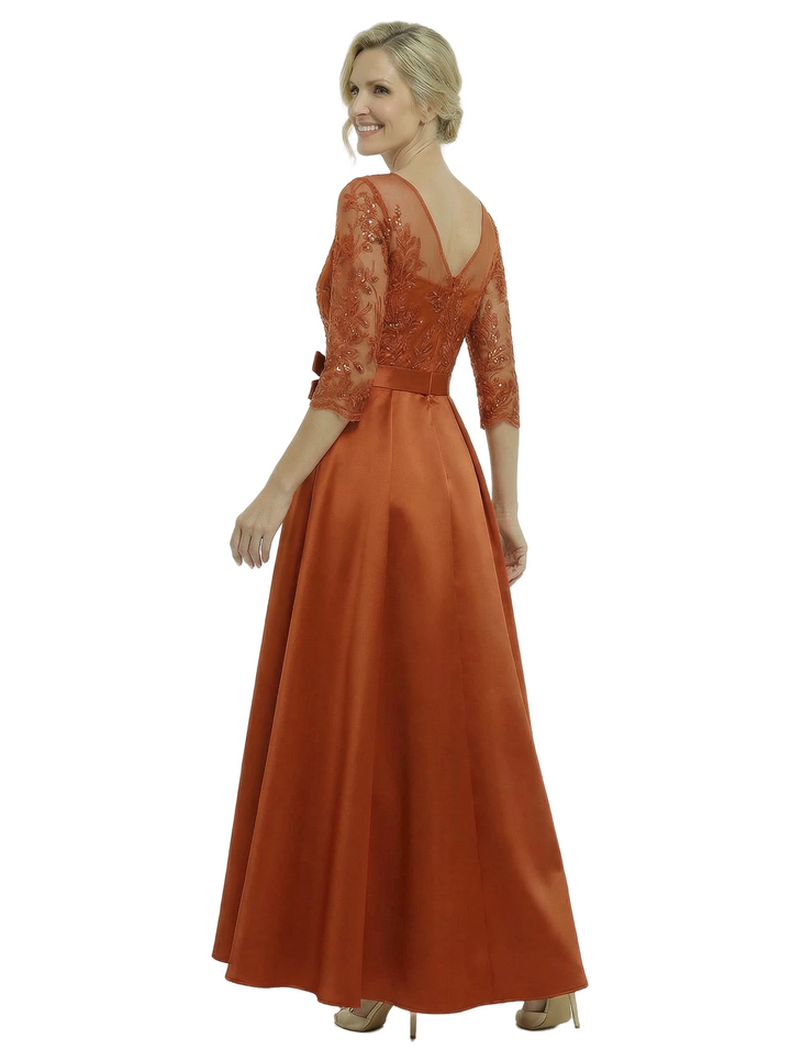 Chicsew Stunning Illusion Half Sleeves A-Line Satin Mother Of The Bride Gown With Bow Belt