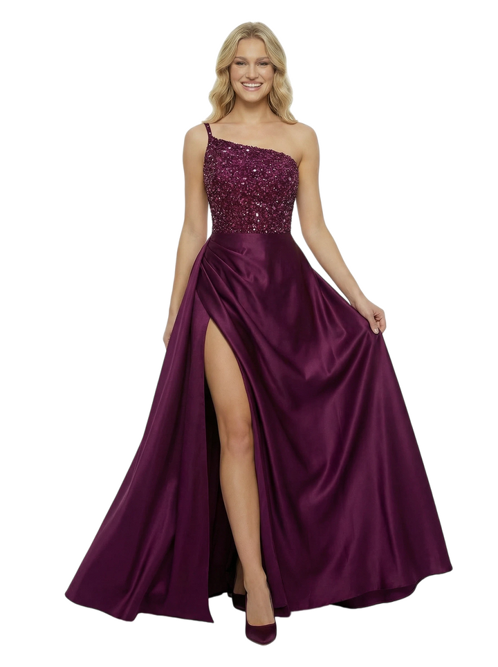 ChicSew Sexy One Shoulder Beaded A-line Satin Formal Gown Side Slit