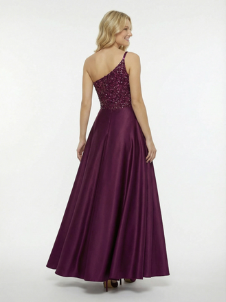 Sexy One Shoulder Sequin Beaded A-line Satin Formal Gown Side Slit