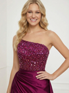 Sexy One Shoulder Sequin Beaded A-line Satin Formal Gown Side Slit