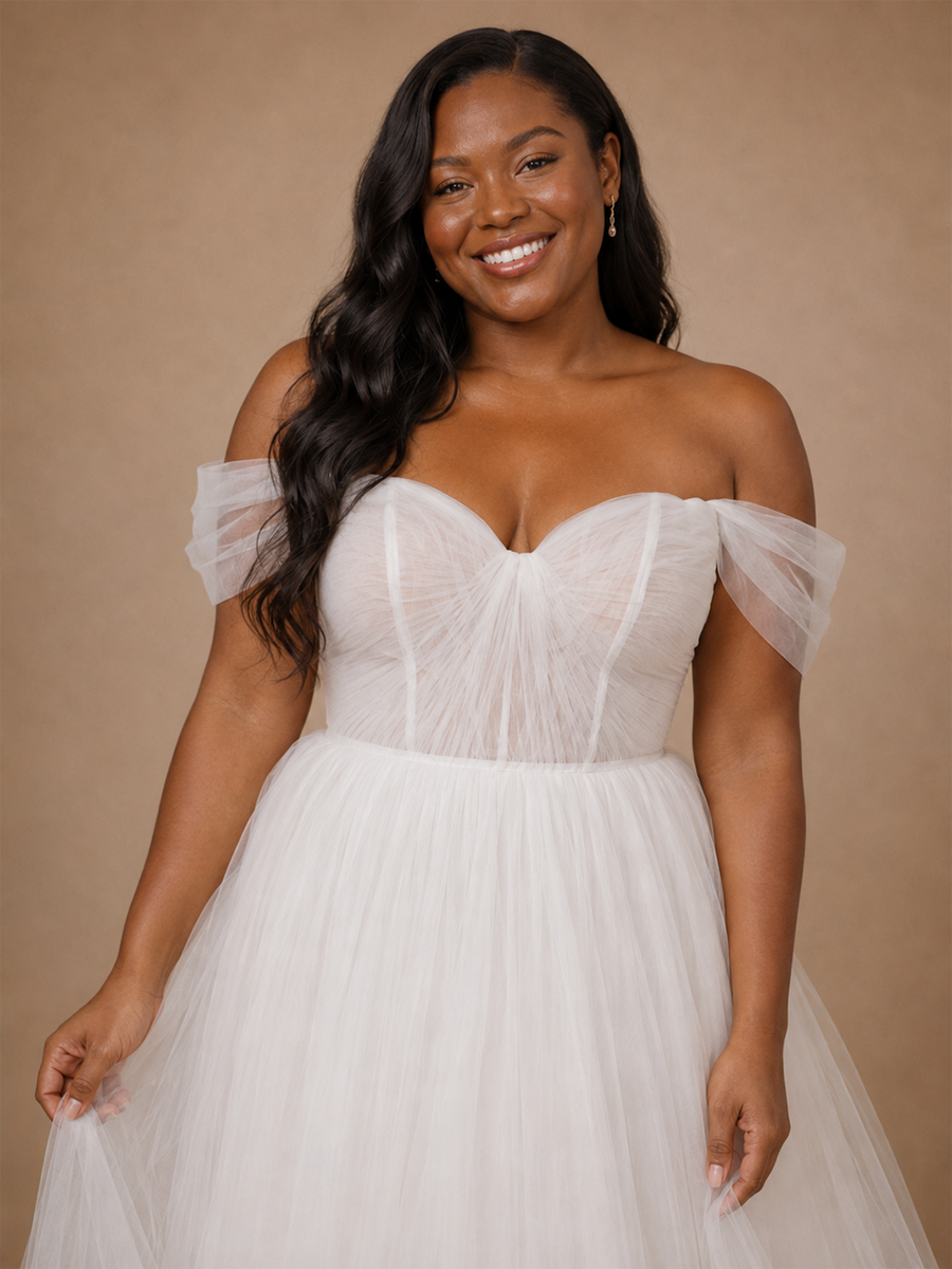 ChicSew Elegant Classy Off The Shoulder Lace Tulle A-Line Tea-Length Wedding Dress