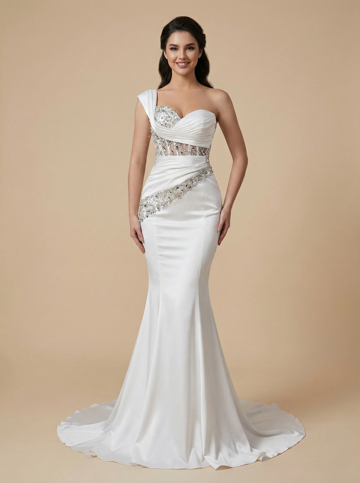 Mermaid One Shoulder Beading Maxi Long Satin Wedding Dresses Online