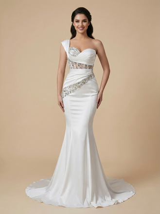 Mermaid One Shoulder Beading Maxi Long Satin Wedding Dresses Online
