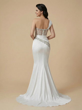 Mermaid One Shoulder Beading Maxi Long Satin Wedding Dresses Online
