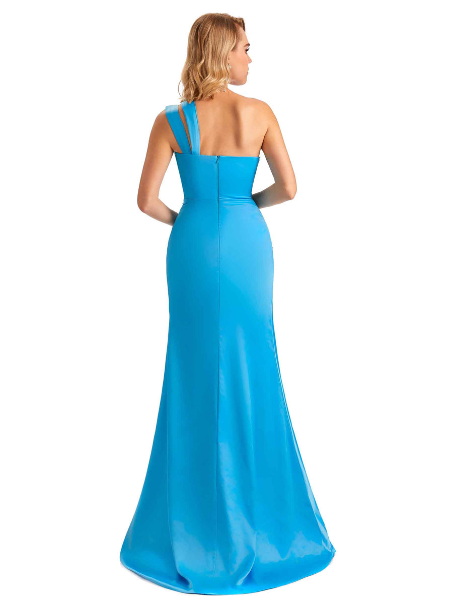 Elegant One Shoulder Side Slit Mermaid Soft Satin Long Bridesmaid Dress For Wedding
