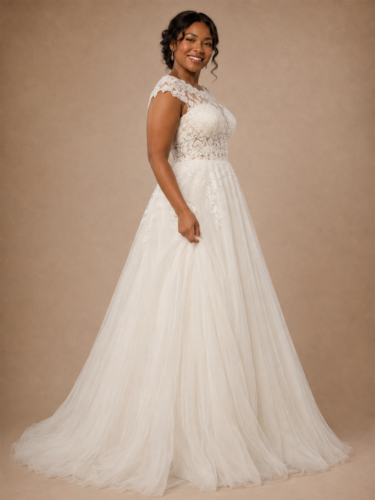 ChicSew Elegant Claasy Lace Tulle Round Neck A-Line Floor-Length Wedding Dress