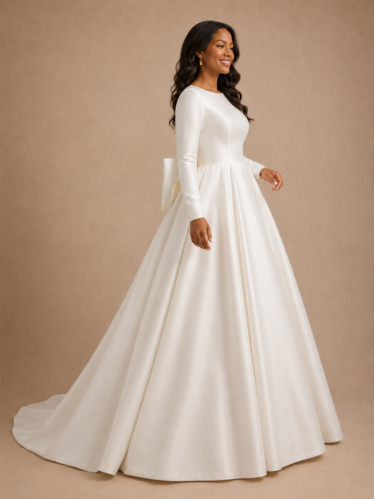 ChicSew Modern Classy A-Line Satin Long Sleeves Floor-Length Wedding Dress With Bow Knot