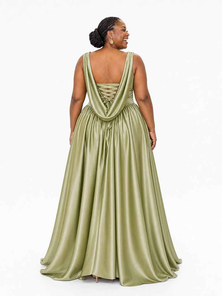 ChicSew Elegant Cowl Neck A-Line Side Slit Soft Satin Long Bridesmaid Dresses