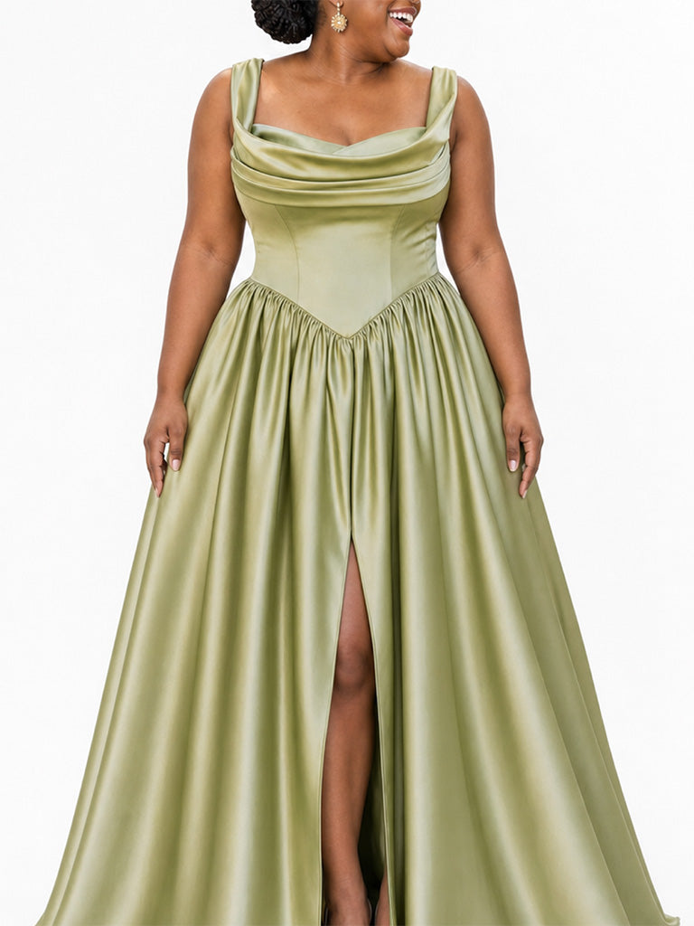 ChicSew Elegant Cowl Neck A-Line Side Slit Soft Satin Long Bridesmaid Dresses